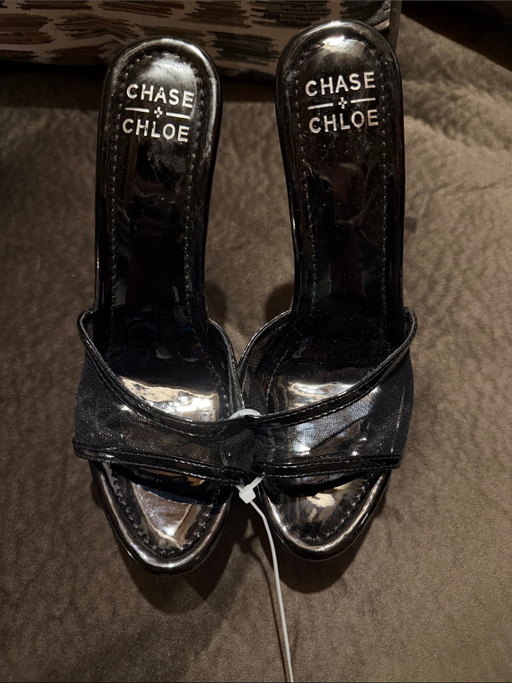 Chase + Chloe Black Patent Slide Heels with Sheer Mesh Strap